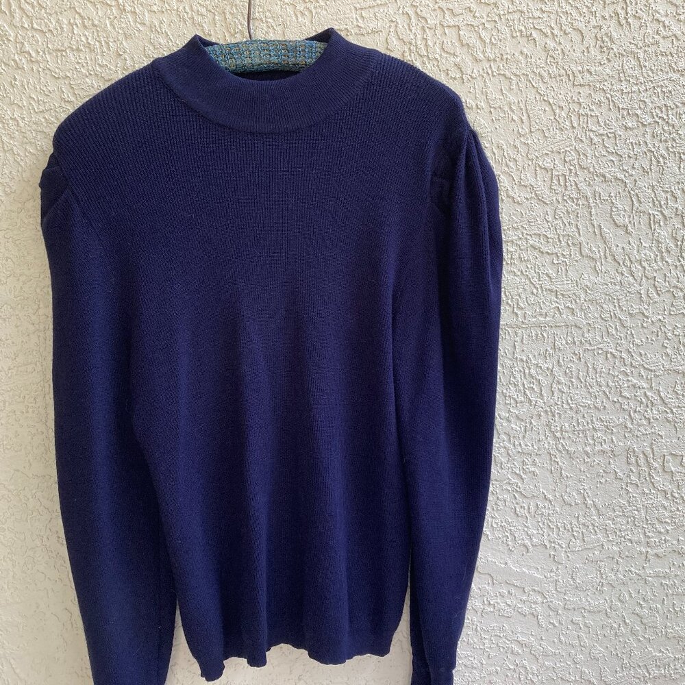 NAVY  PUFF SLEEVE SWEATER SZ L Mock Turtleneck Long Sleeve Cielo Women